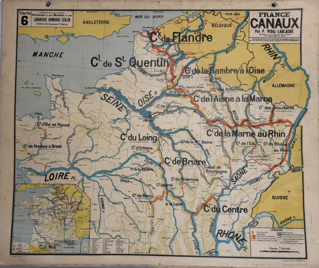 Ancienne carte scolaire - France Canaux - Fleuve - N° 6 - Affiche Vidal Lablache - Cartes Scolaires authentique - Revue Vintage