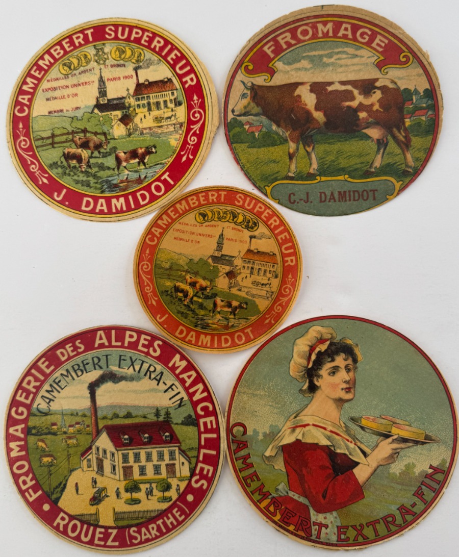 5 étiquettes anciennes début 1900 Expo universelle Fromage Camembert Damidot - Autres authentique - Revue Vintage