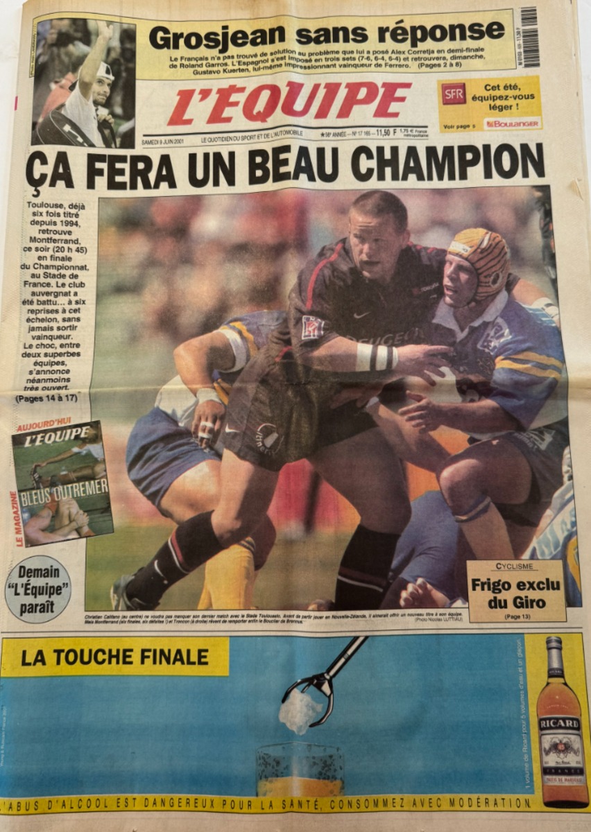 Journal l'équipe 09/06/2001 Toulouse champion de France contre Montferrand - Stade toulousain - Rugby - Journal L'Équipe authentique - Revue Vintage