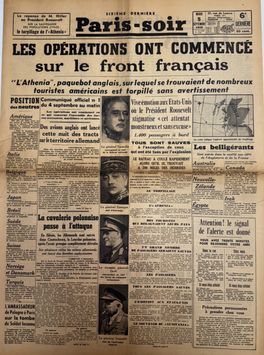 Journal Paris - Soir du 5 septembre 1939 . début de la 2eme guerre - WW2 - Guerre authentique - Revue Vintage