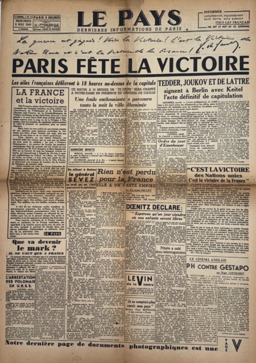 Journal Le Pays du 9 mai 1945 . Paris fête la victoire - Fin de la 2eme guerre mondiale - WW2 - Guerre authentique - Revue Vintage