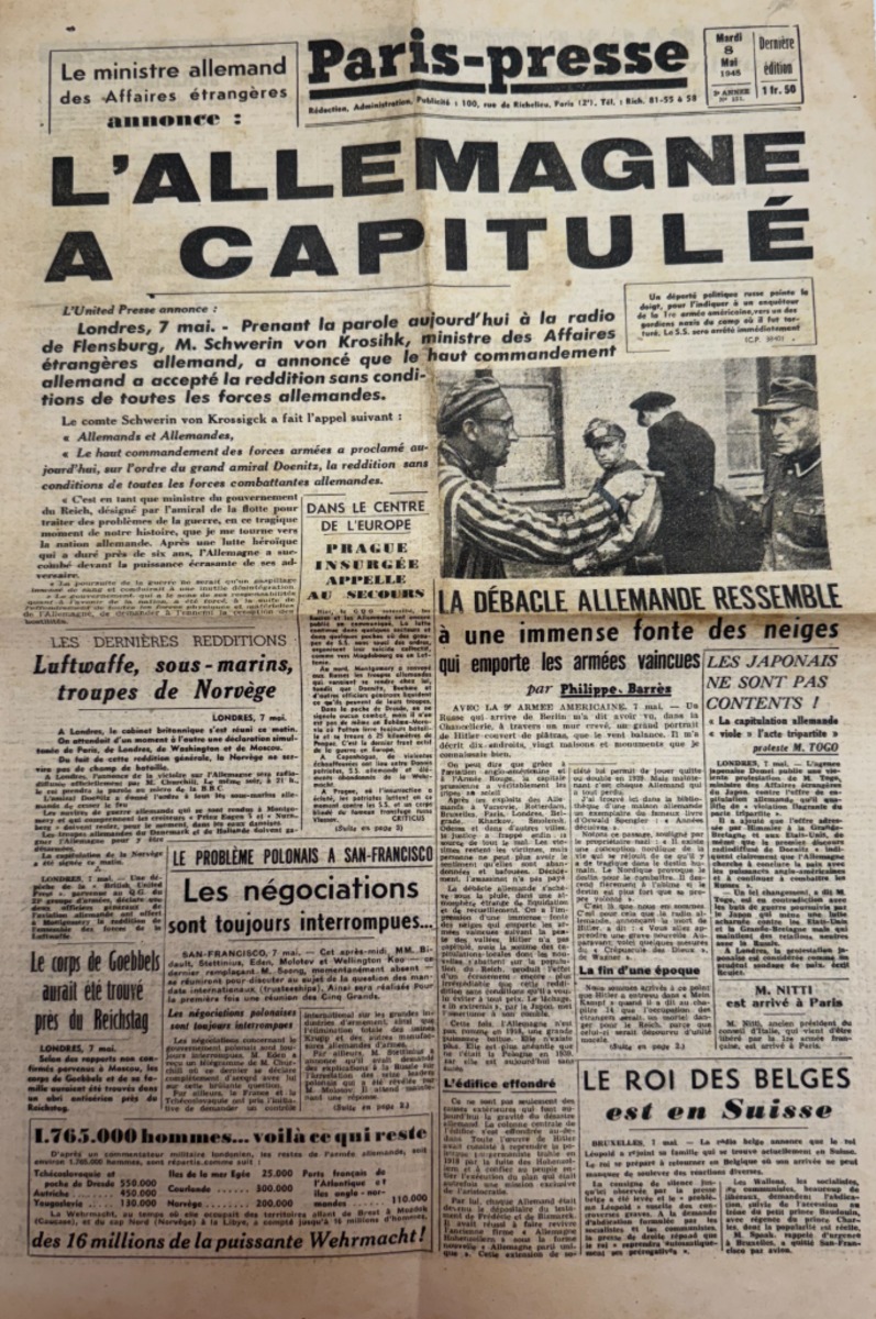Journal Paris - Presse du 8 mai 1945 . L'Allemagne a capitulé - Fin de la 2eme guerre mondiale - WW2 - Guerre authentique - Revue Vintage