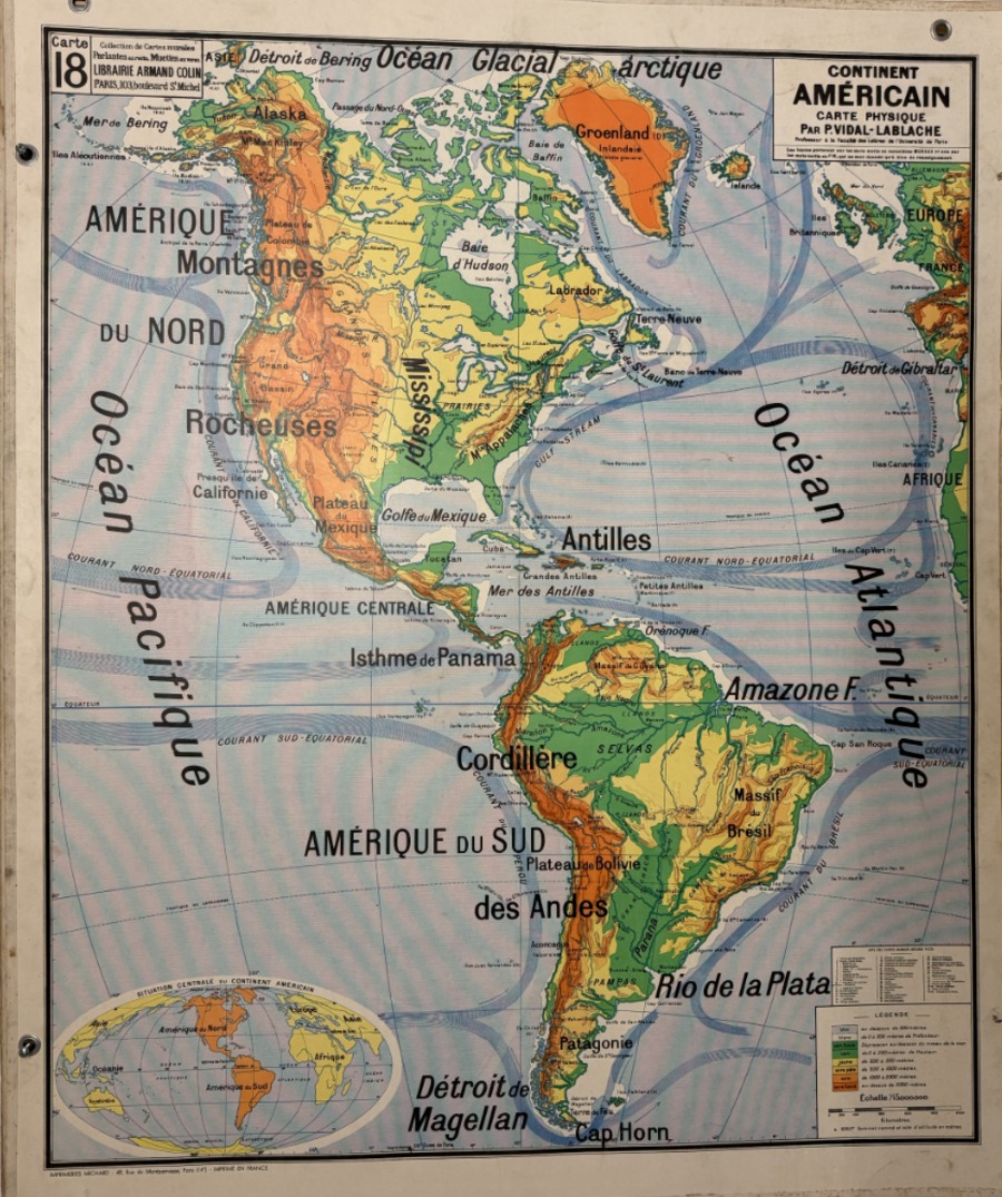 ancienne carte affiche scolaire n° 18 Amérique du Nord et Sud . Antilles . - Cartes Scolaires authentique - Revue Vintage