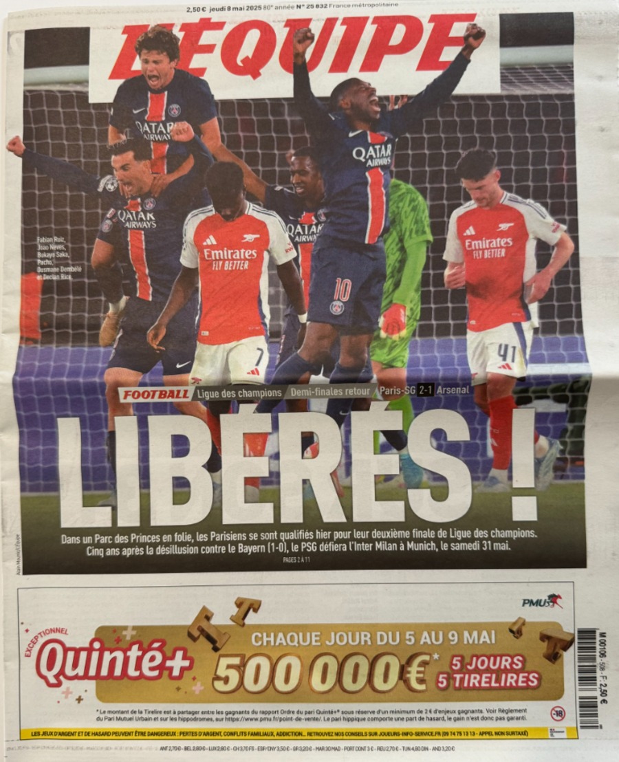 Journal l'équipe 08/05/2025 Libérés P.S.G / Arsenal - Ligue des Champions Demi Finales Paris Saint Germain - Journal L'Équipe authentique - Revue Vintage