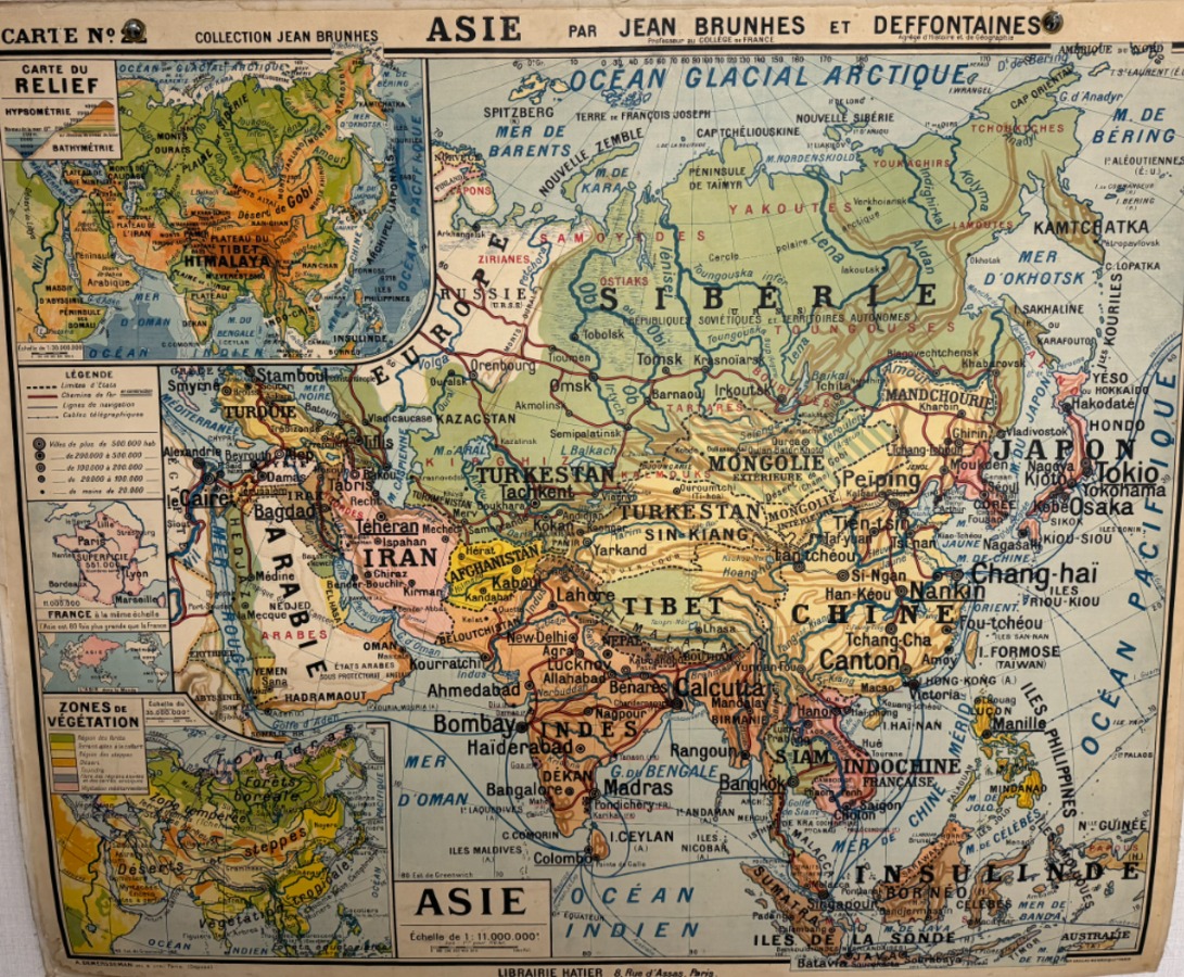 Ancienne carte scolaire Asie . Inde . Chine . Iran . Japon . Siam . Indochine N° 22 - Cartes Scolaires authentique - Revue Vintage