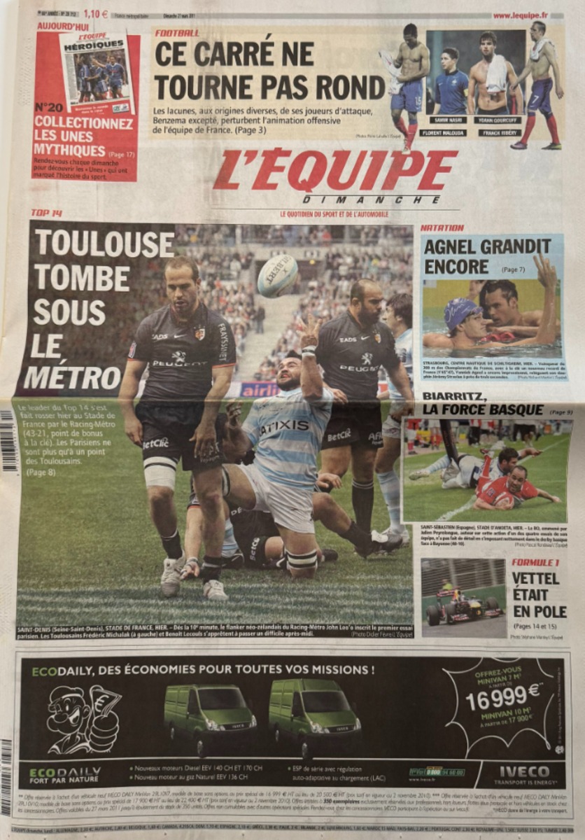 Journal l'équipe 27/03/2011 Toulouse tombe sous le métro - stade Toulousain - Rugby - Journal L'Équipe authentique - Revue Vintage