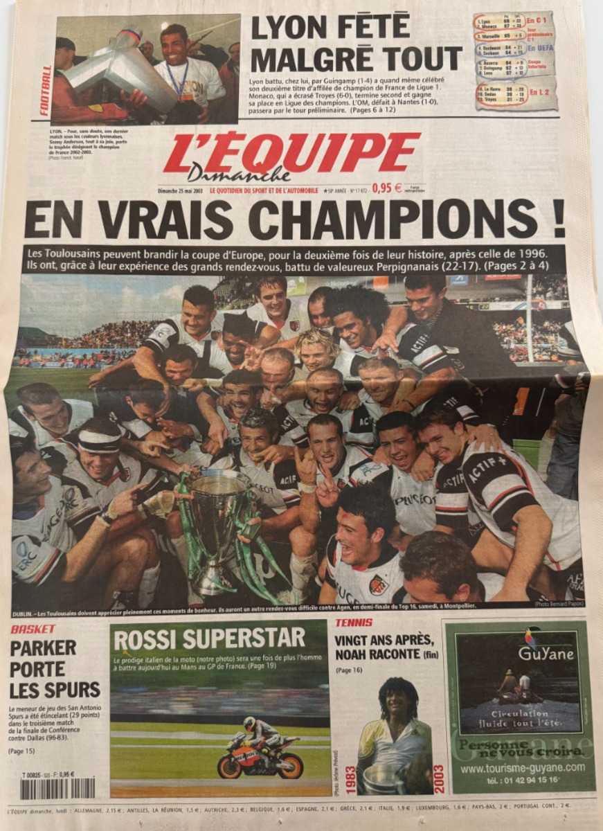 Journal l'équipe 25/05/2003 Toulouse Champion d'Europe - stade Toulousain - Rugby - Journal L'Équipe authentique - Revue Vintage