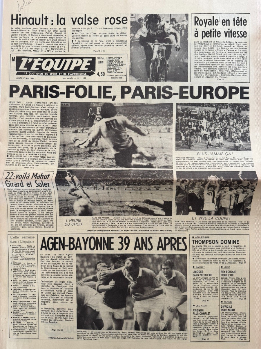 Journal l'équipe 17/05/1982 - Paris - folie, Paris Europe - Finale contre Saint Étienne - Football - Journal L'Équipe authentique - Revue Vintage