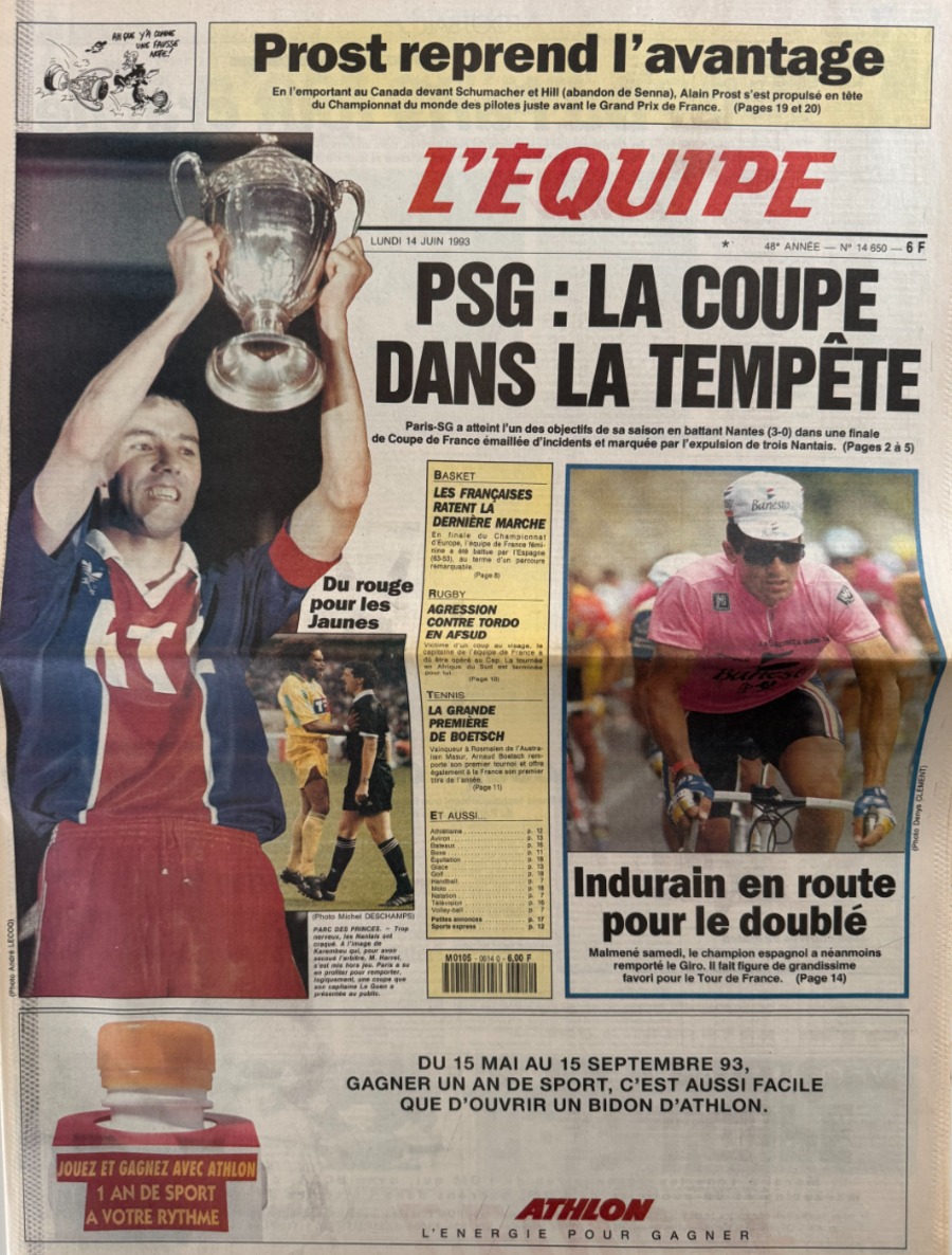 Journal l'équipe 14/06/1993 PSG la coupe dans la tempête - Finale Coupe de France - Football - Journal L'Équipe authentique - Revue Vintage