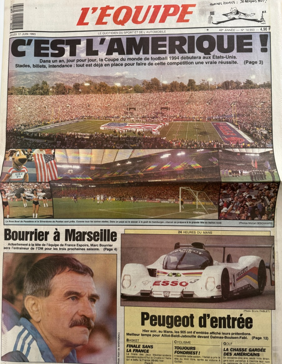 Journal l'équipe 17/06/1993 C'est l'Amérique !! Dans un an jour pour jour la Coupe du Monde de Football - Journal L'Équipe authentique - Revue Vintage