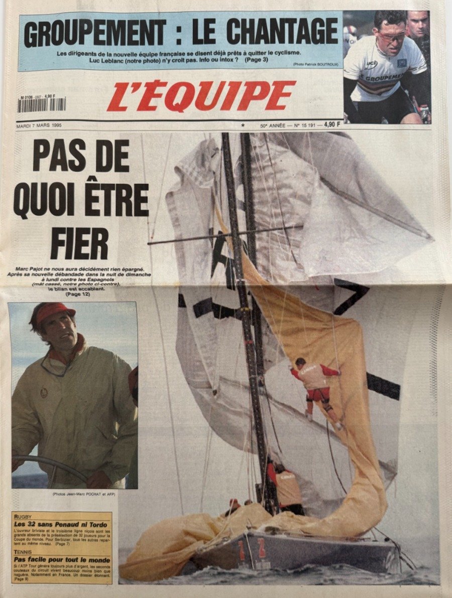 Journal l'équipe 07/03/1995 Marc PAjot pas de quoi d'être fier - Voile - Journal L'Équipe authentique - Revue Vintage