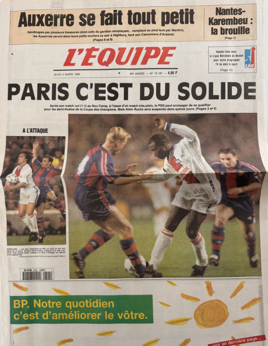 Journal l'équipe 02/03/1995 Paris c'est du solide PSG / Barcelone - ligue des champions - Journal L'Équipe authentique - Revue Vintage