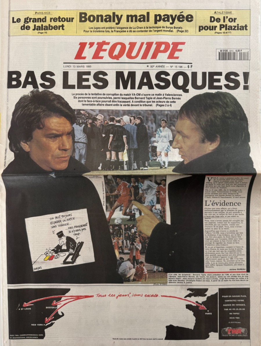 Journal l'équipe 13/03/1995 Bas les masques !! Marseille procès de l'affaire VA-OM - Tapis -Football - Journal L'Équipe authentique - Revue Vintage