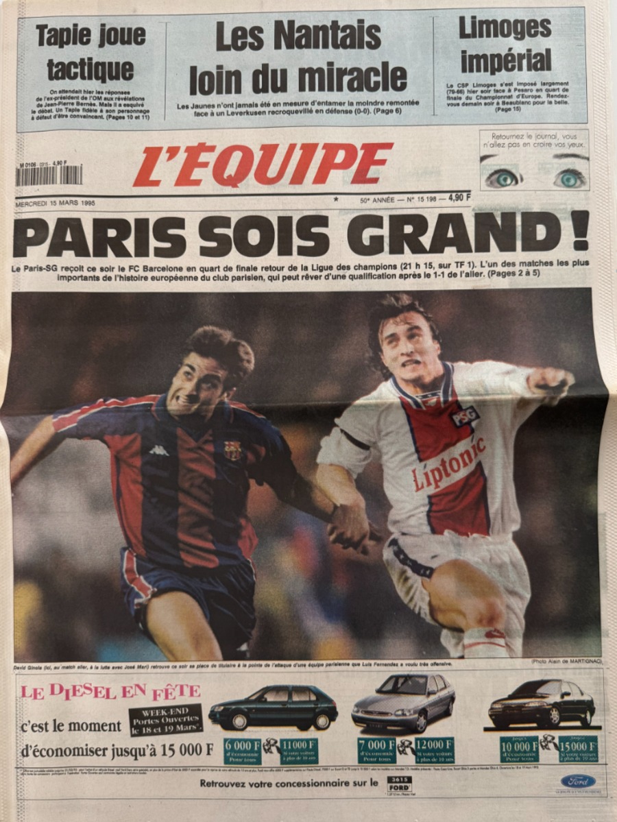 Journal l'équipe 15/03/1995 Paris sois grand !! PSG / Barcelone - ligue des champions - Football - Journal L'Équipe authentique - Revue Vintage