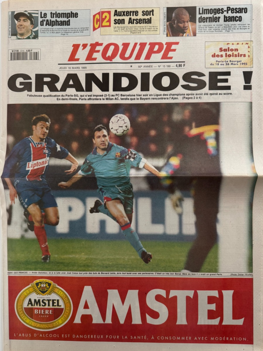 Journal l'équipe 16/03/1995 Paris Grandiose !! PSG / Barcelone - ligue des champions - Football - Journal L'Équipe authentique - Revue Vintage