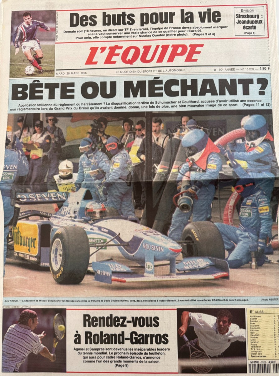 Journal l'équipe 28/03/1995 Bête ou méchant ? disqualifié Schumacher et Coulthard - Formule 1 - Journal L'Équipe authentique - Revue Vintage