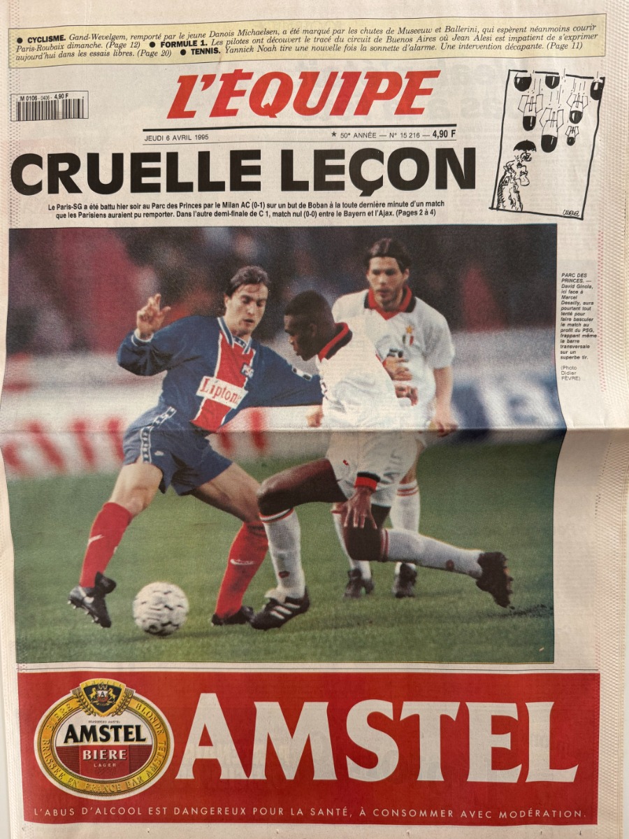 Journal l'équipe 06/04/1995 Cruelle leçon PSG / Milan AC - Football - Journal L'Équipe authentique - Revue Vintage