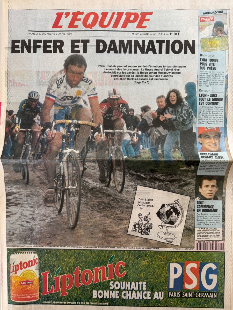 Journal l'équipe 09/04/1995 Enfer et damnation - Paris Roubaix - cyclisme - Journal L'Équipe authentique - Revue Vintage