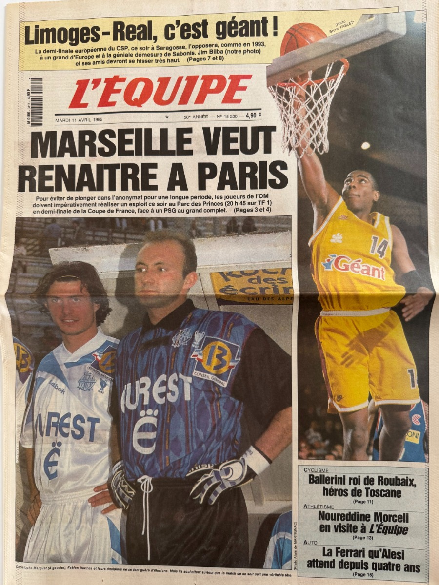 Journal l'équipe 11/04/1995 Marseille / PSG - Football - Journal L'Équipe authentique - Revue Vintage
