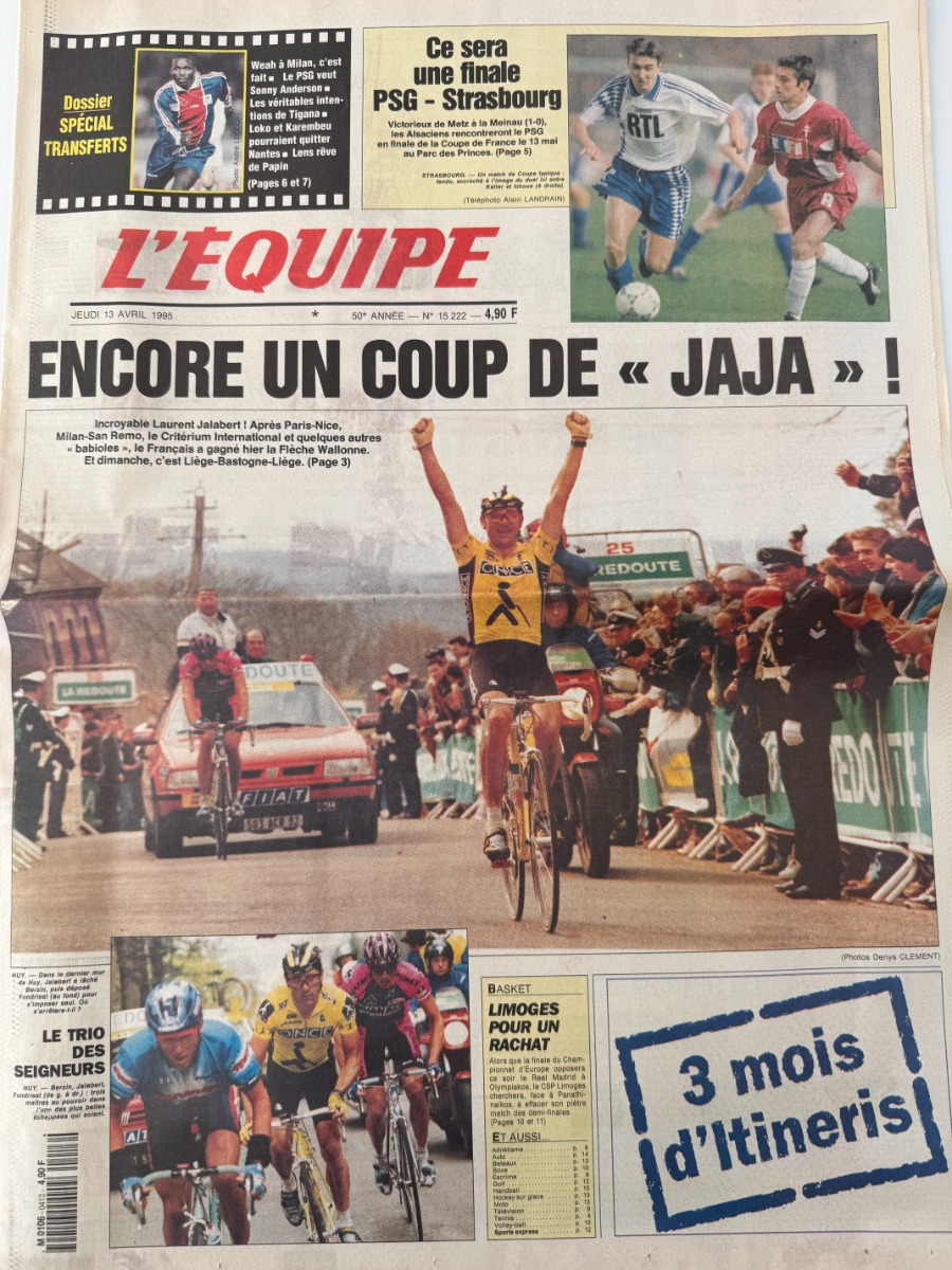 Journal l'équipe 13/04/1995 Laurent Jalabert remporte la Flèche Wallonne - Cyclisme - Journal L'Équipe authentique - Revue Vintage