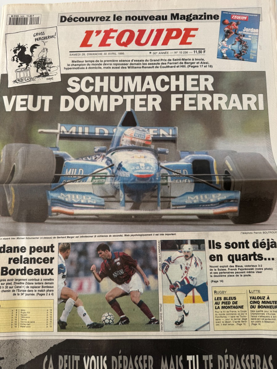 Journal l'équipe 30/04/1995 Shumacher au Grand Prix a Imola - Formule 1 - Journal L'Équipe authentique - Revue Vintage