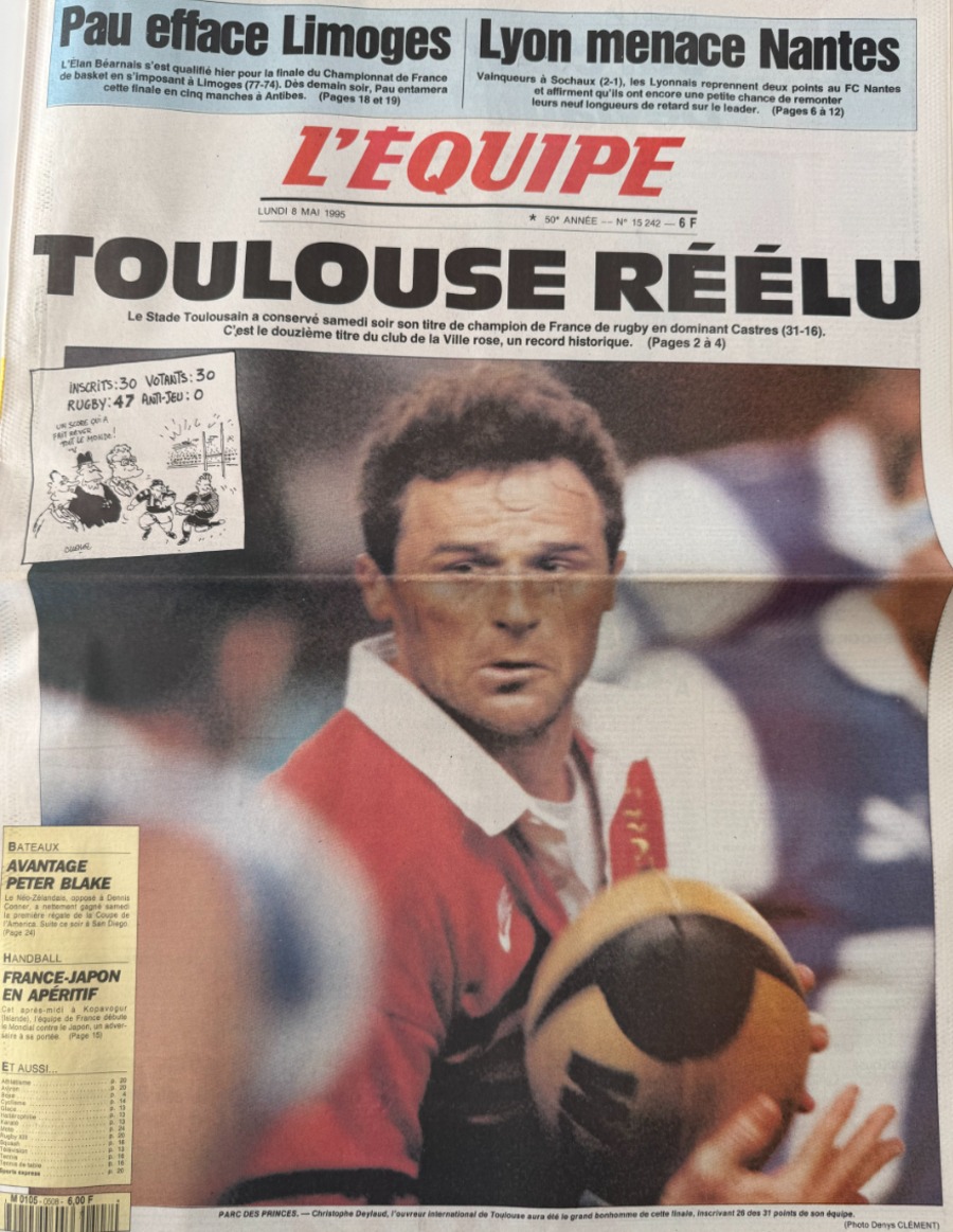 Journal l'équipe 08/05/1995 Toulouse réélu - Champion de France - Rugby - Journal L'Équipe authentique - Revue Vintage