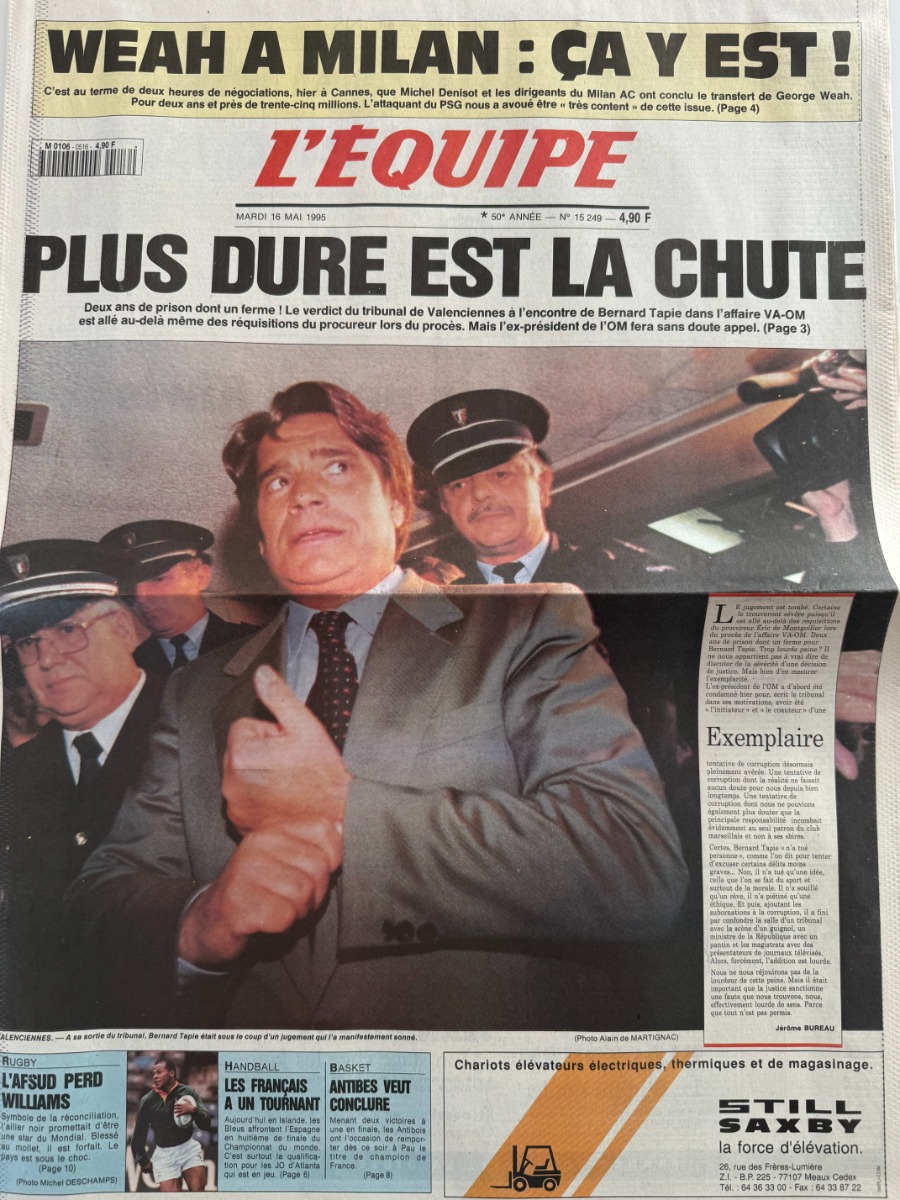 Journal l'équipe 16/05/1995 Tapis plus dure est la chute OM/VA - Football - Journal L'Équipe authentique - Revue Vintage