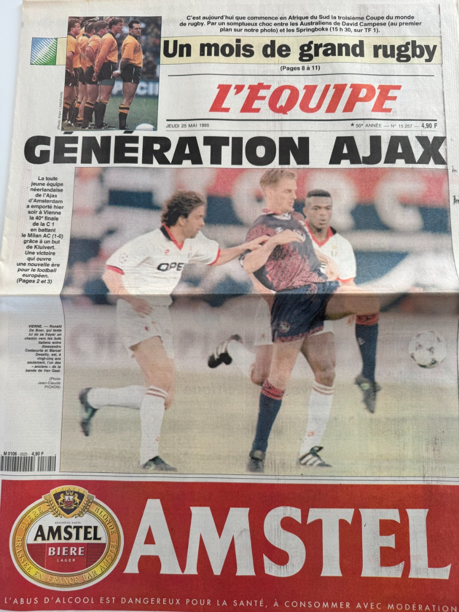 Journal l'équipe 25/05/1995 Génération Ajax remporte la Ligue des Champions - Football - Journal L'Équipe authentique - Revue Vintage