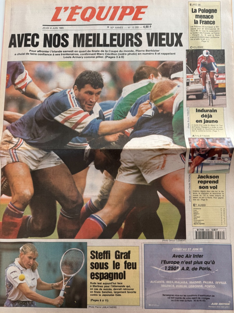 Journal l'équipe 08/06/1995 Avec nos meilleurs vieux - Coupe du monde de rugby - Journal L'Équipe authentique - Revue Vintage