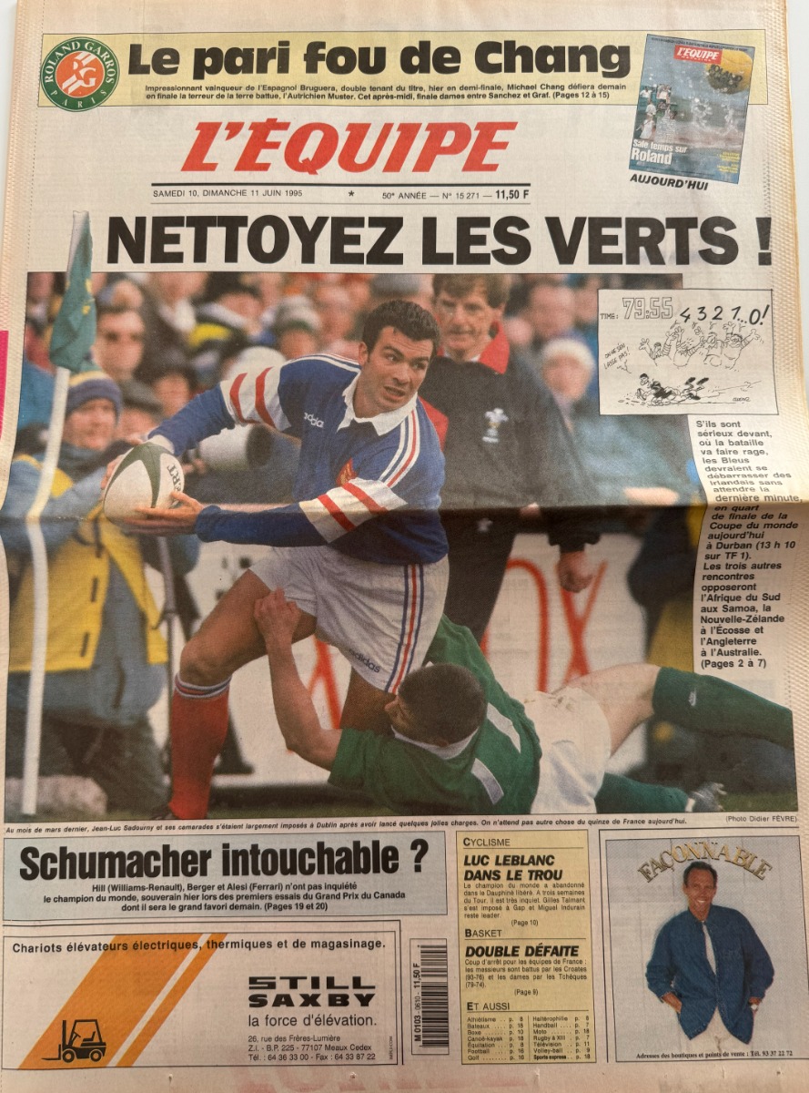 Journal l'équipe 11/06/1995 Nettoyez les verts - Coupe du monde de rugby - Journal L'Équipe authentique - Revue Vintage