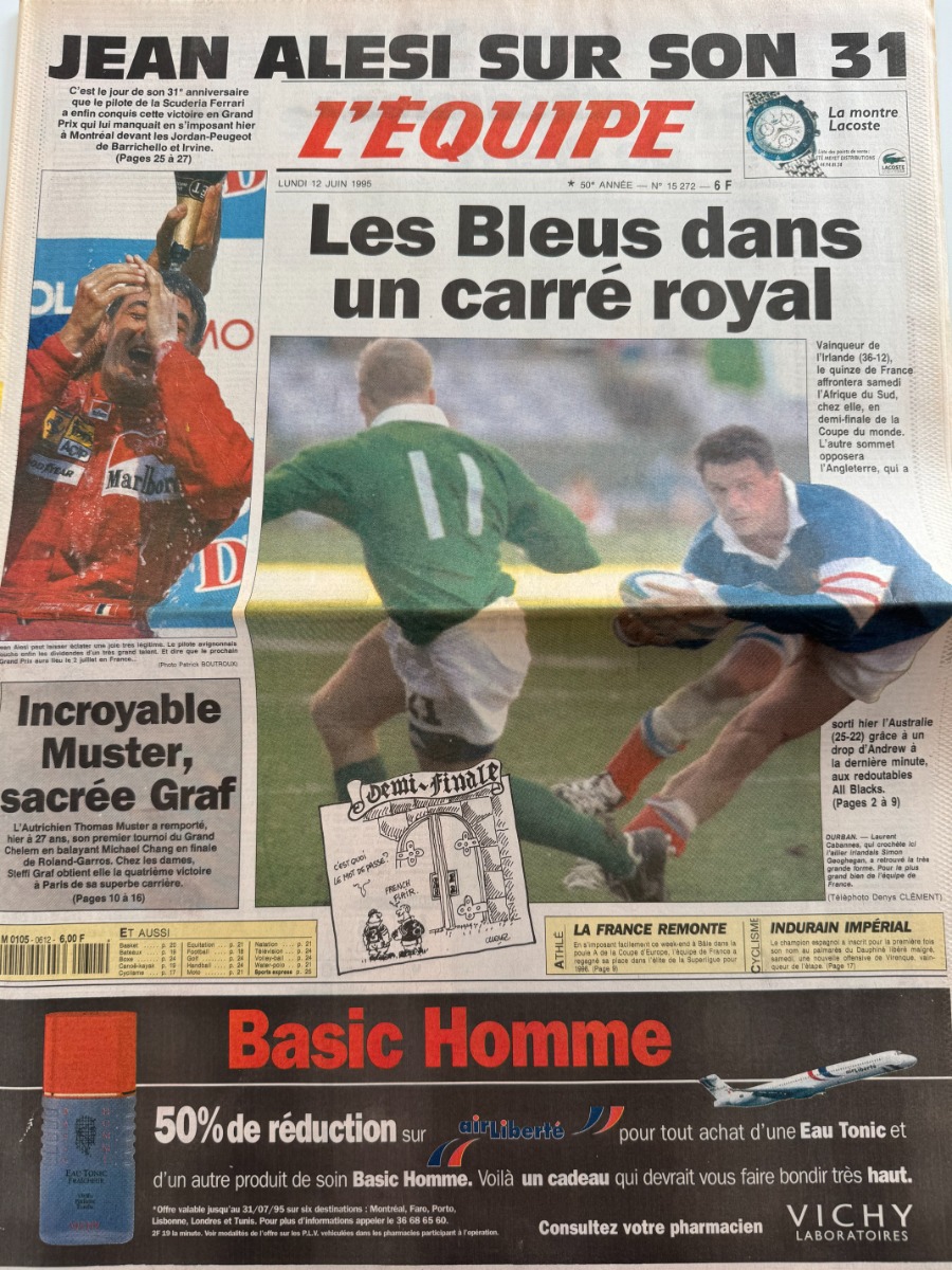 Journal l'équipe 12/06/1995 Les bleus dans un carré royal - Coupe du monde de rugby - Journal L'Équipe authentique - Revue Vintage