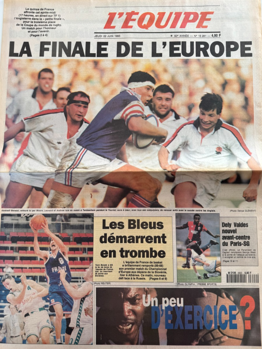 Journal l'équipe 22/06/1995 France / Angleterre en petite Finale de la Coupe du monde de rugby - Journal L'Équipe authentique - Revue Vintage