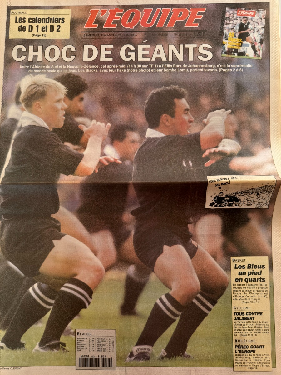 Journal l'équipe 24/06/1995 Choc de géants Finale Afrique du Sud / Nouvelle Zélande - Coupe du monde de rugby - Journal L'Équipe authentique - Revue Vintage