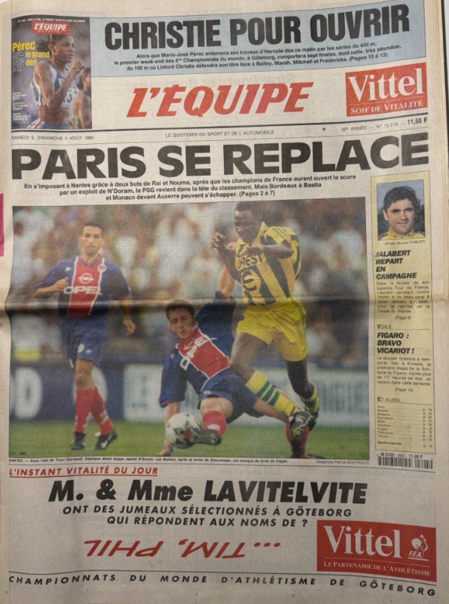 Journal l'équipe 06/08/1995 Paris se replace - PSG / Nantes - Football - Journal L'Équipe authentique - Revue Vintage