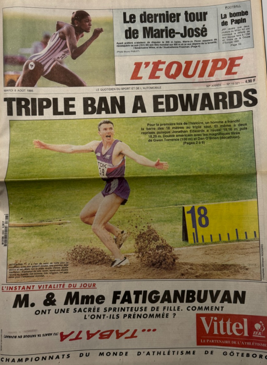 Journal l'équipe 08/08/1995 Triple ban a Edwards - Il bat 2 fois le record du monde - Athlétisme - Journal L'Équipe authentique - Revue Vintage