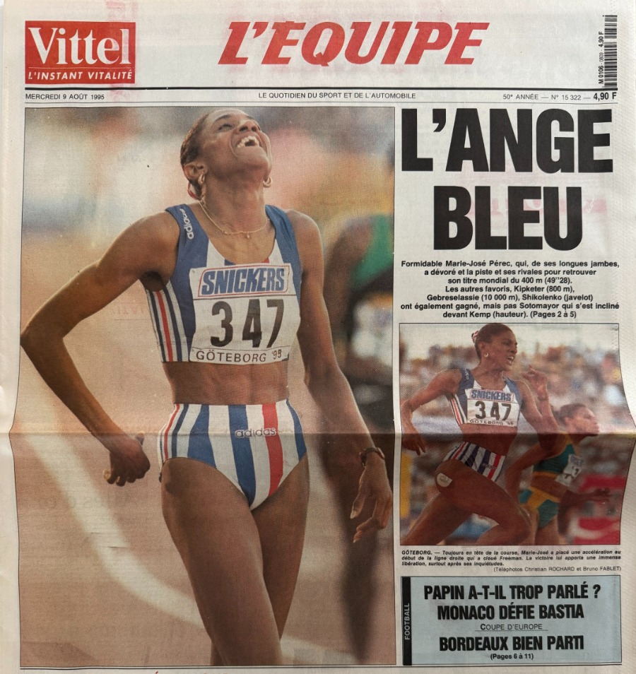 Journal l'équipe 09/08/1995 L'ange bleu - Marie José Perec championne du monde du 400 m - Athlétisme - Journal L'Équipe authentique - Revue Vintage
