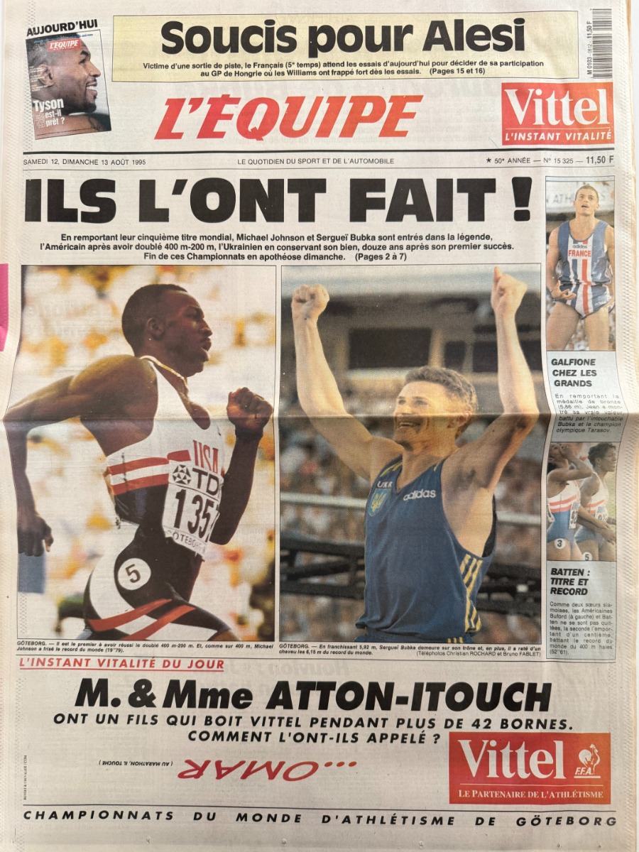 Journal l'équipe 13/08/1995 Ils l'ont fait - Michael Johnson et Sergueï Budka - Athlétisme - Journal L'Équipe authentique - Revue Vintage