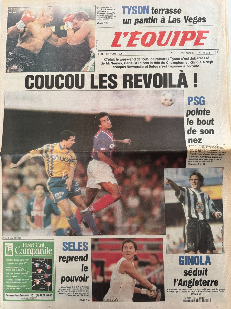 Journal l'équipe 19/08/1995 Coucou les revoilà - PSG reprend la tête du championnat - Football - Journal L'Équipe authentique - Revue Vintage