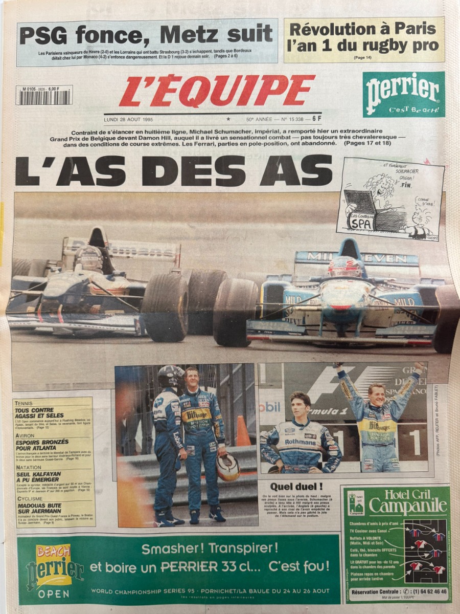Journal l'équipe 28/08/1995 L'as des As - Michael Schumacher remporte le grand Prix de Belgique - Formule 1 - Journal L'Équipe authentique - Revue Vintage