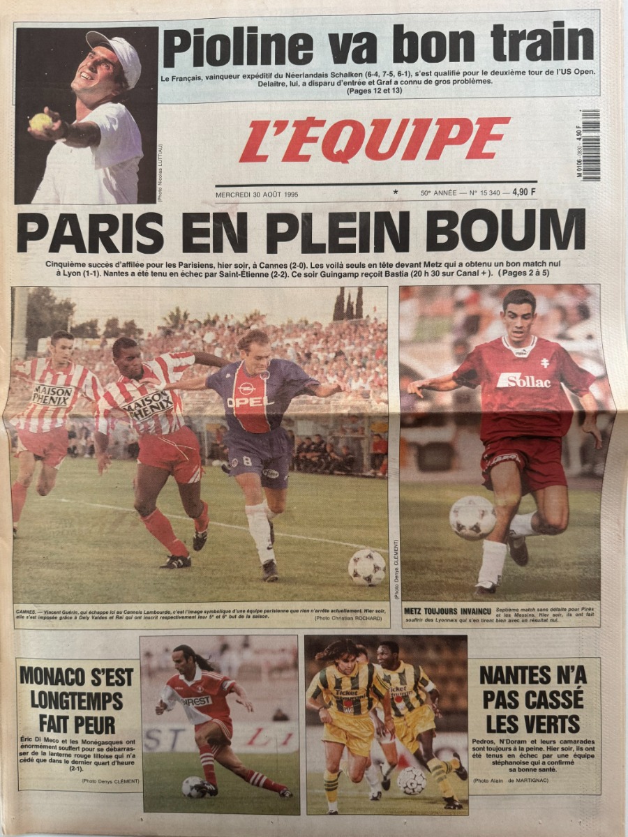 Journal l'équipe 30/08/1995 Paris en plein boum - PSG 5eme succès - Football - Journal L'Équipe authentique - Revue Vintage