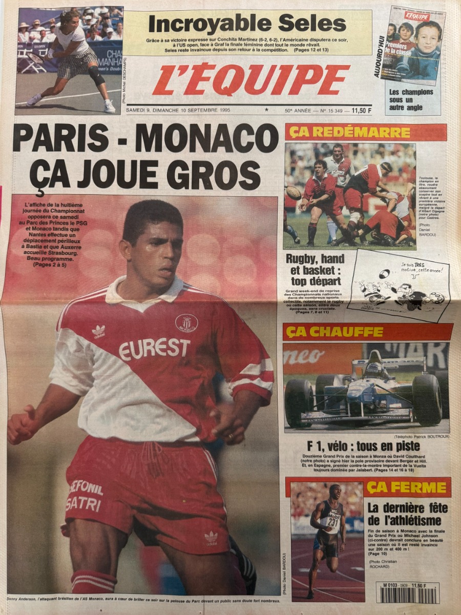 Journal l'équipe 09/09/1995 Paris - Monaco ça joue gros - Football - Journal L'Équipe authentique - Revue Vintage