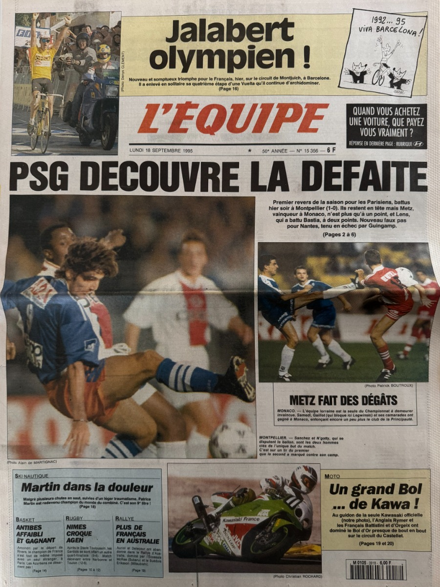 Journal l'équipe 18/09/1995 PSG découvre la défaite - Football - Journal L'Équipe authentique - Revue Vintage