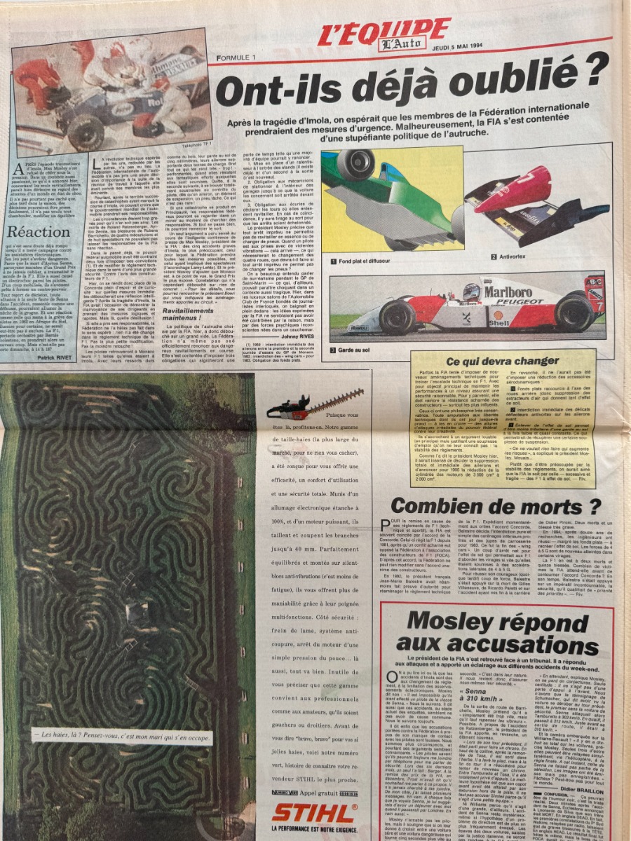 Journal l'équipe 05/05/1994 Dernier Hommage - Ayrton Senna - Formule 1 - Vue 2 - Journal L'Équipe