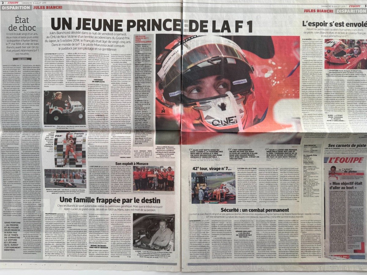 Journal l'équipe 19/07/2015 Jules Bianchi - Il est parti - Hommage  - Formule 1 - Vue 2 - Journal L'Équipe
