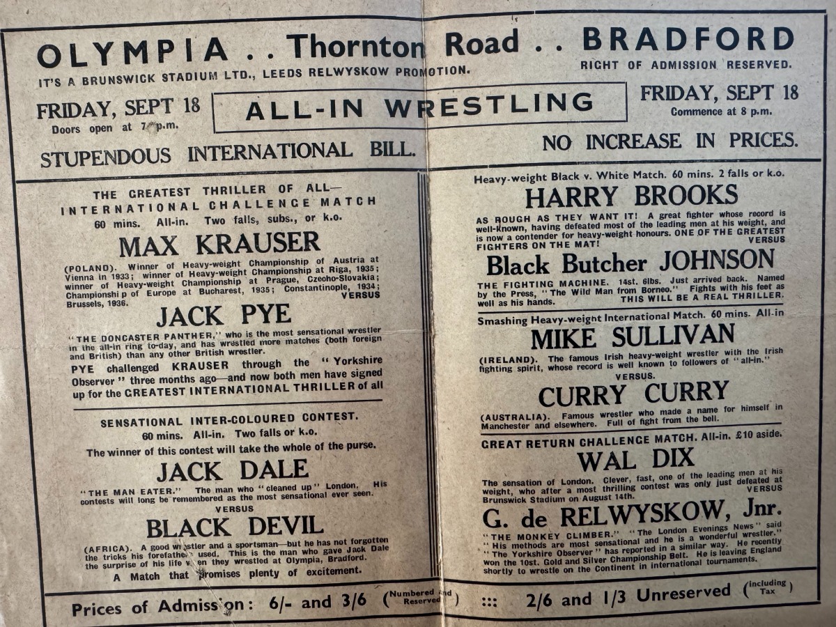 Programme de lutte organisé à Bradford le 18 septembre 1936. - Vue 2 - Autres sports