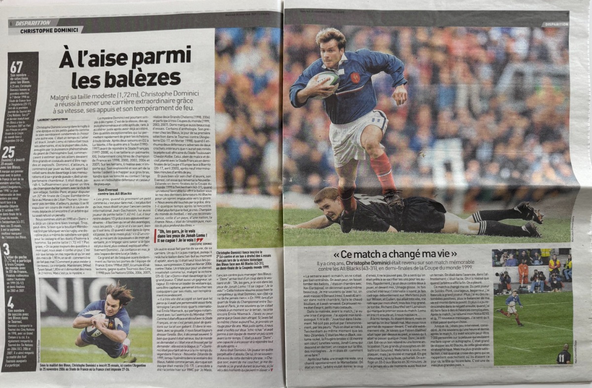 Journal l'équipe 25/11/2020 Christophe Dominici - Hommage - Toulon - Stade Français - Rugby - Vue 4 - Journal L'Équipe