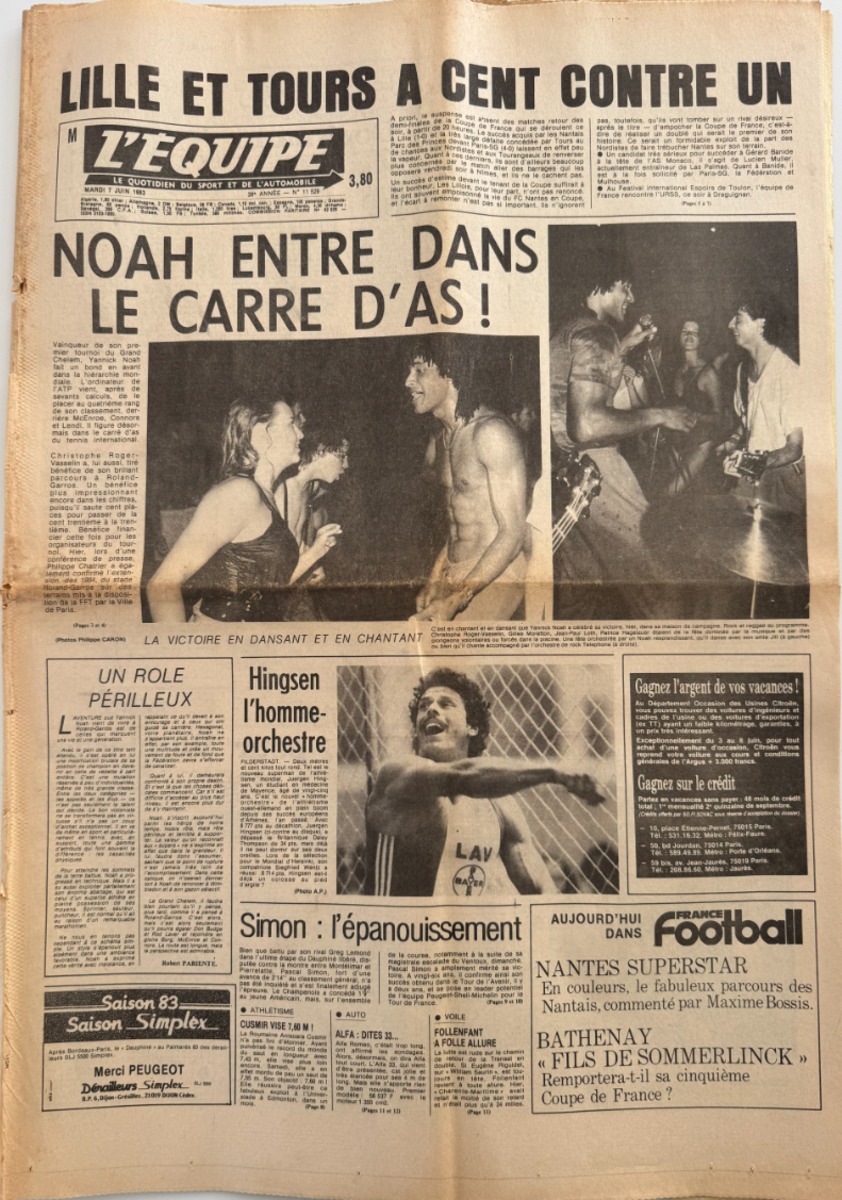 Journal l'équipe 07/06/1983 Noah entre dans le carré d'as - Roland Garros - Tennis - Journal L'Équipe authentique - Revue Vintage